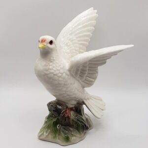Fine China White Dove on Leafy Knoll Beautiful Spread Wings Porcelain Figurine